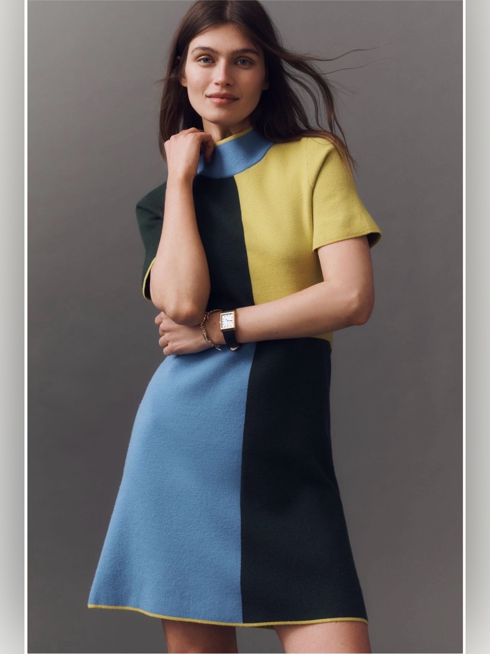Anthropologie Nina Mock-Neck Mod Sweater Mini Dress XL Green Colorblock